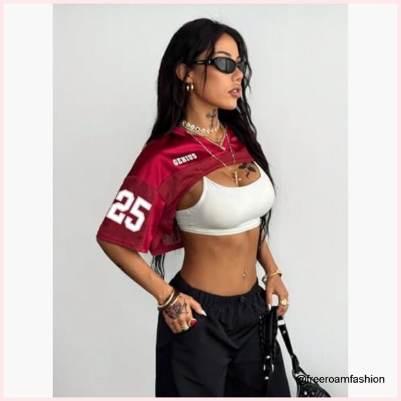 Mesh Football Jersey Shrug Crop Top Short Sleeve Y2K Streetwear Shirt - Picture 6 of 6